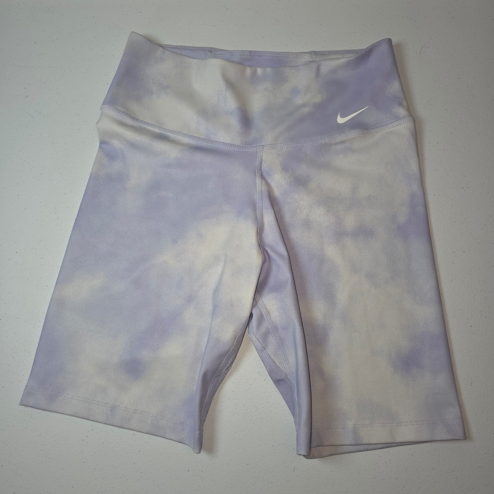 Nike‎ Dri-FIT Purple Tie Dye High Waisted Biker Shorts Womens Small Cloud Print